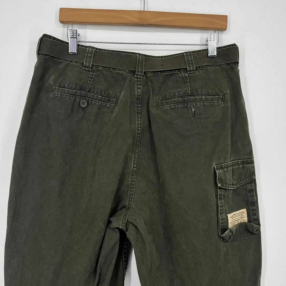 Nautica Cargo Pants Men's Size‎ 32 Olive Green Belted Cotton Pockets Vtg 90s